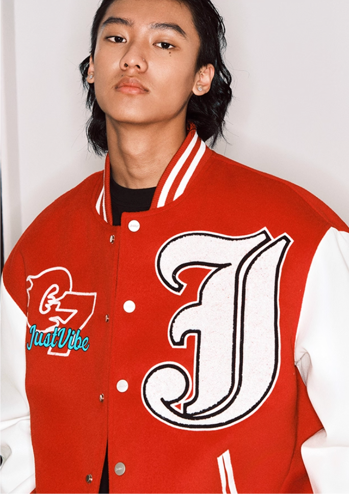 JUST VIBE Terry Big JV Logo PU Leather Varsity Jacket