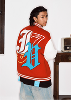 JUST VIBE Terry Big JV Logo PU Leather Varsity Jacket