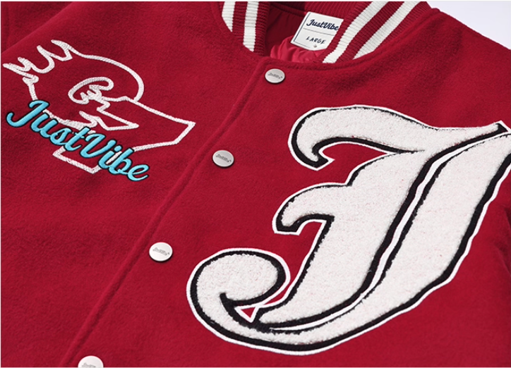 JUST VIBE Terry Big JV Logo PU Leather Varsity Jacket