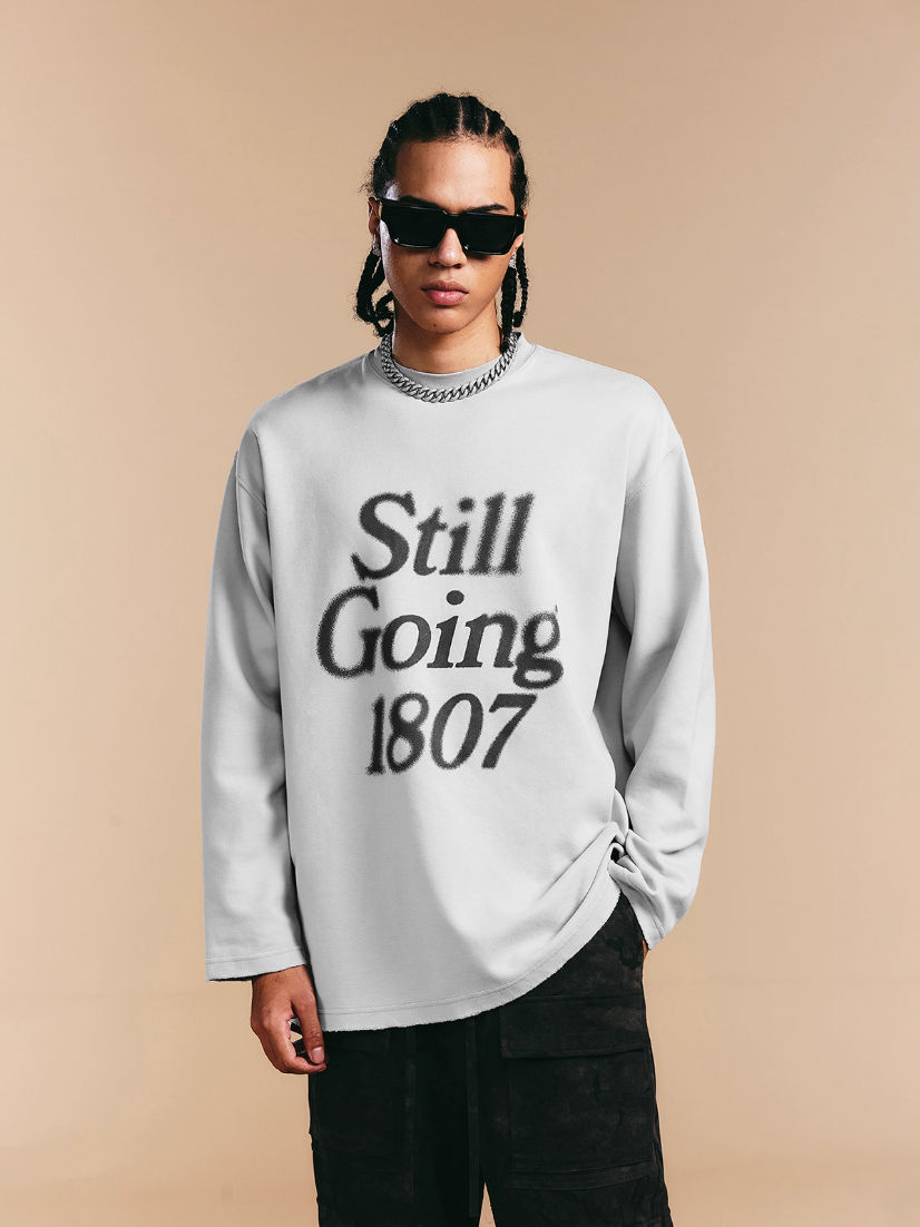 1807 Blurred Logo Print Distressed Long Sleeve Tee