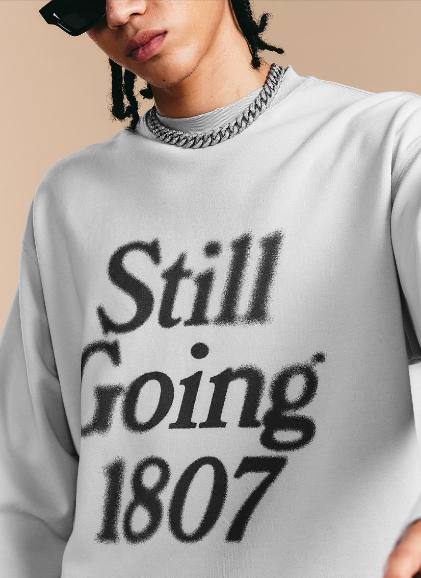 1807 Blurred Logo Print Distressed Long Sleeve Tee