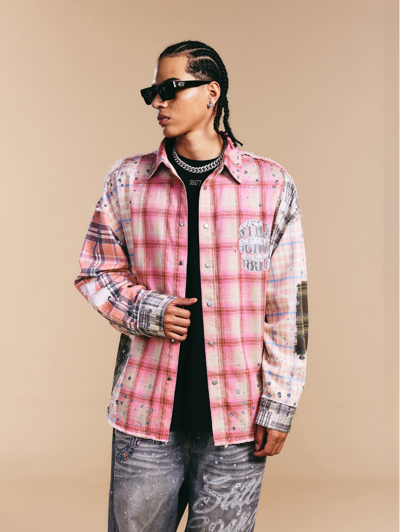 1807 Swarovski Crystal Diamond Plaid Long Sleeve Shirt