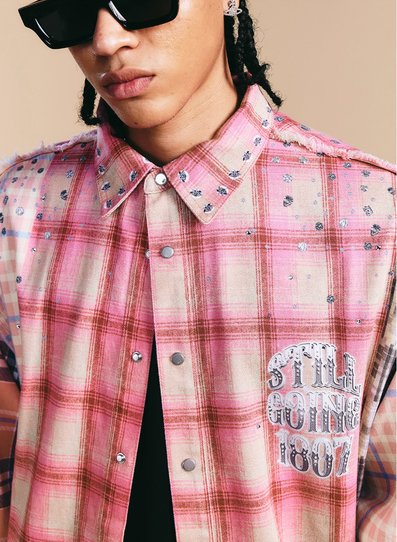 1807 Swarovski Crystal Diamond Plaid Long Sleeve Shirt