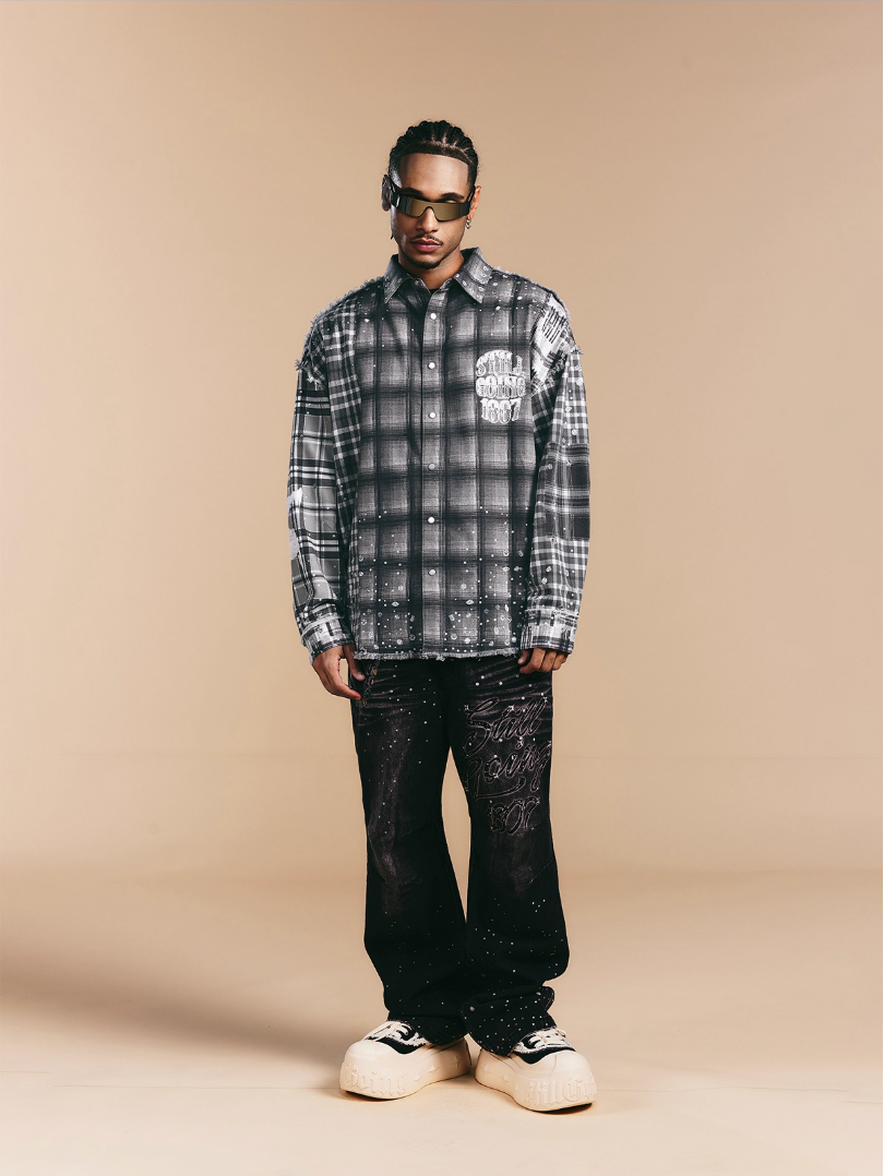 1807 Swarovski Crystal Diamond Plaid Long Sleeve Shirt
