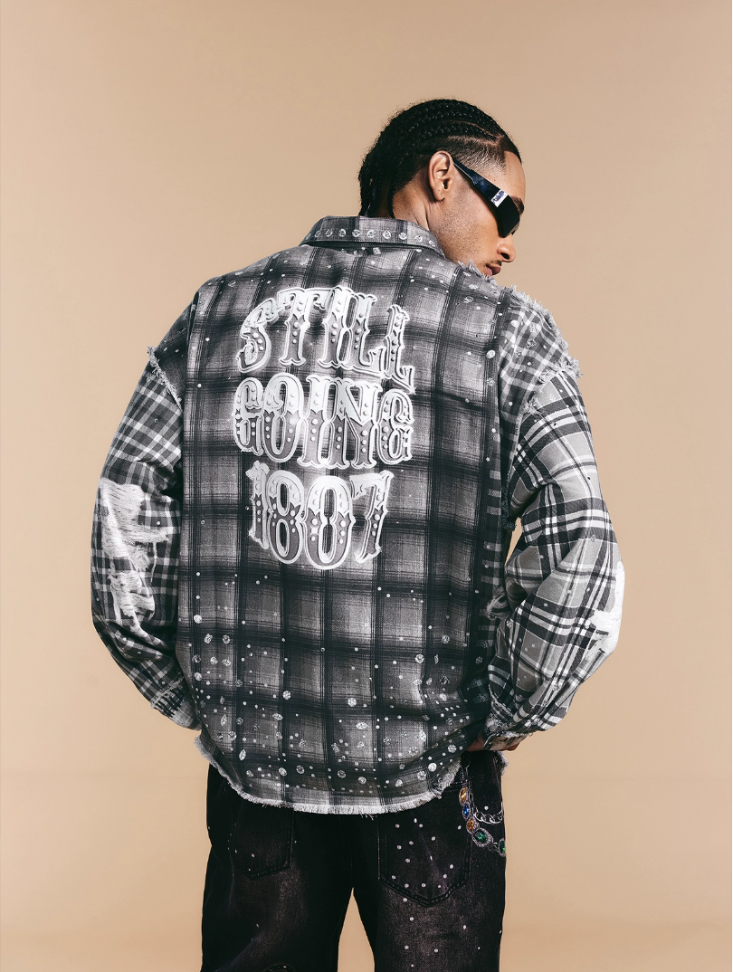 1807 Swarovski Crystal Diamond Plaid Long Sleeve Shirt