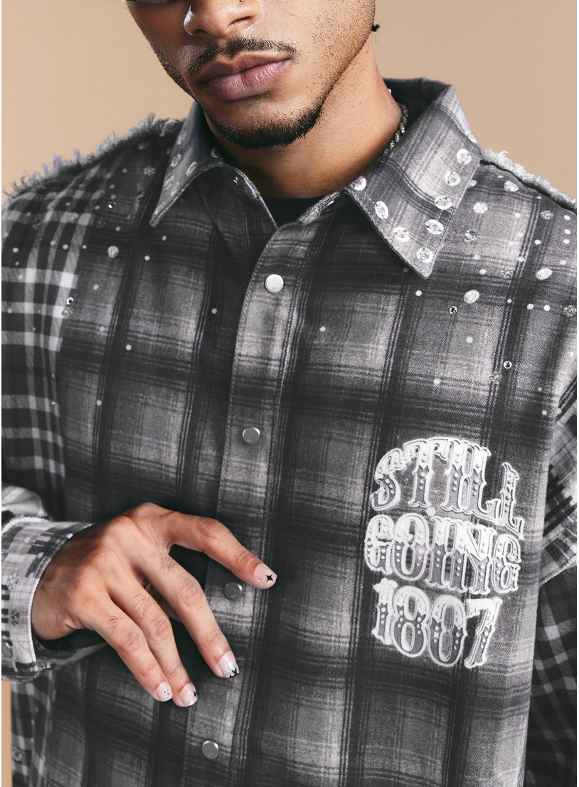 1807 Swarovski Crystal Diamond Plaid Long Sleeve Shirt