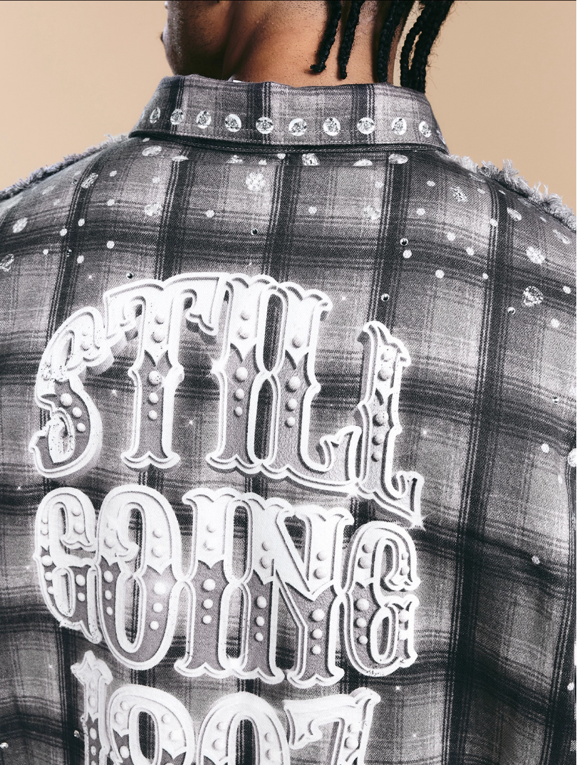 1807 Swarovski Crystal Diamond Plaid Long Sleeve Shirt