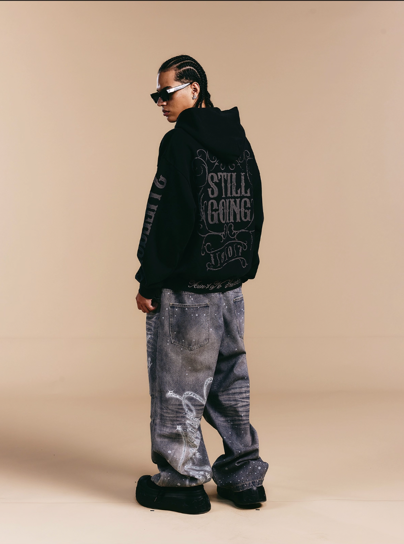 1807 Swarovski Crystal Diamond Washed Zip Up Hoodie