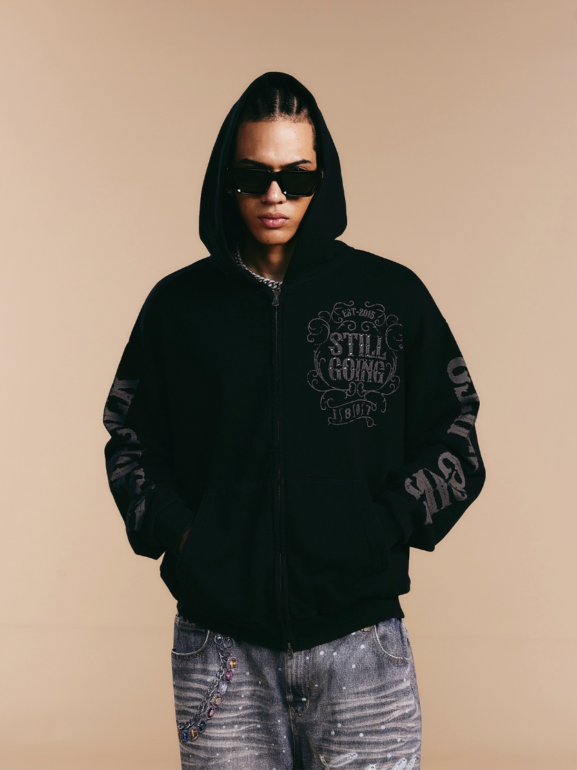 1807 Swarovski Crystal Diamond Washed Zip Up Hoodie