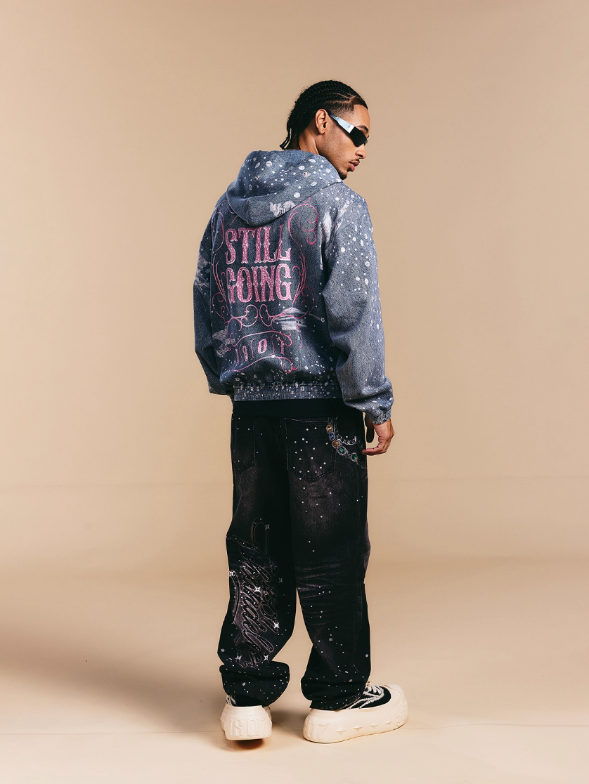 1807 Swarovski Crystal Diamond Denim Zip Up Hoodie