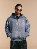 1807 Swarovski Crystal Diamond Denim Zip Up Hoodie