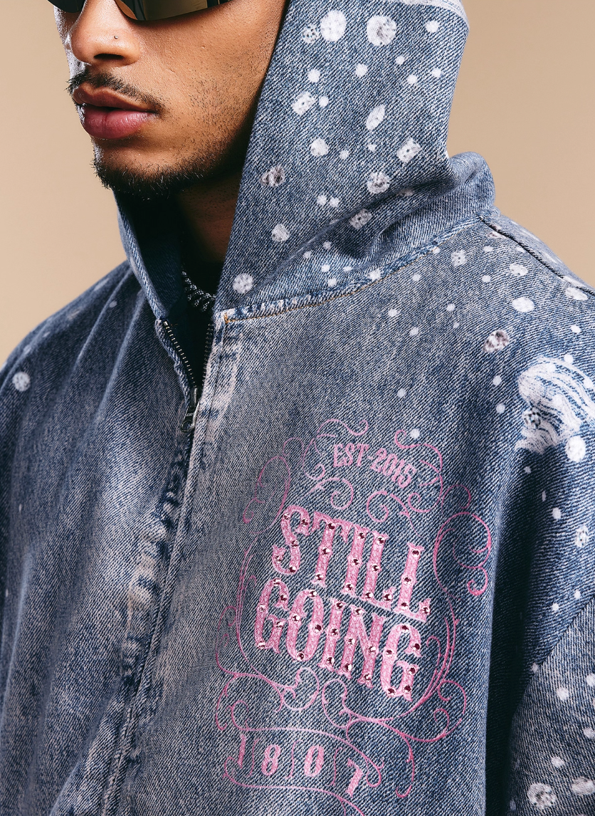 1807 Swarovski Crystal Diamond Denim Zip Up Hoodie