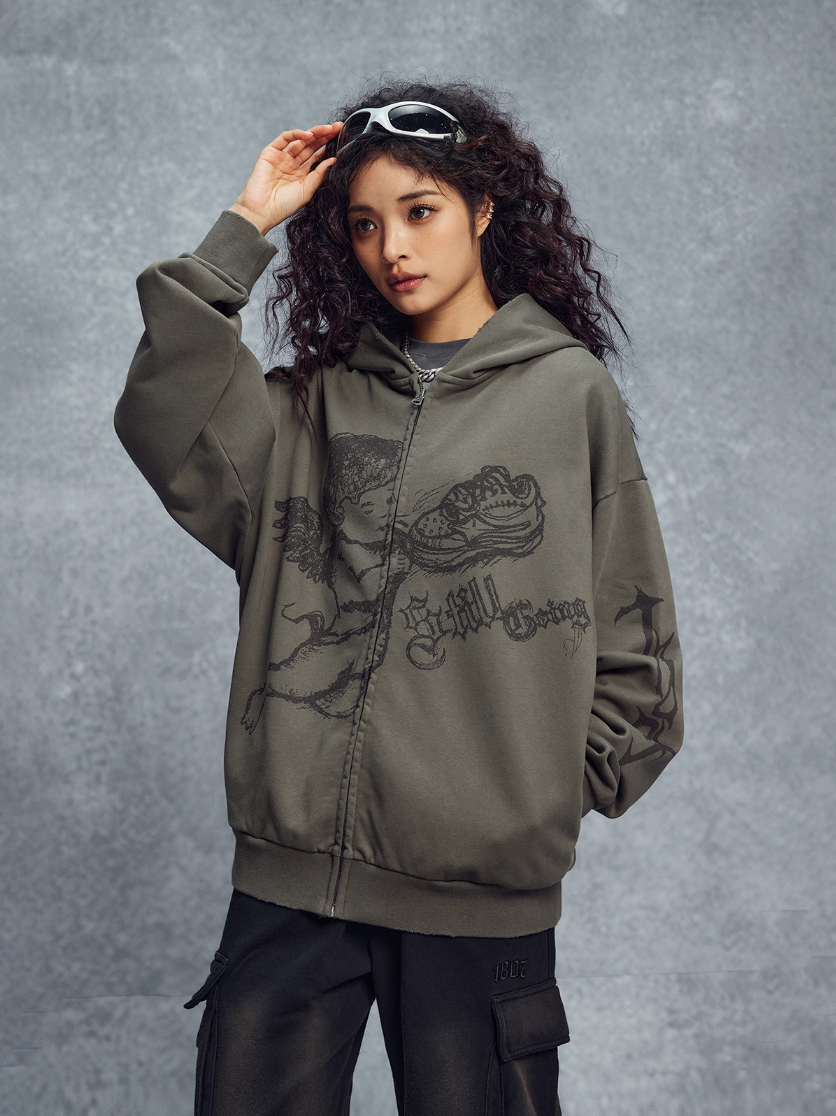 1807 Graffiti Angel Print Zip Up Hoodie