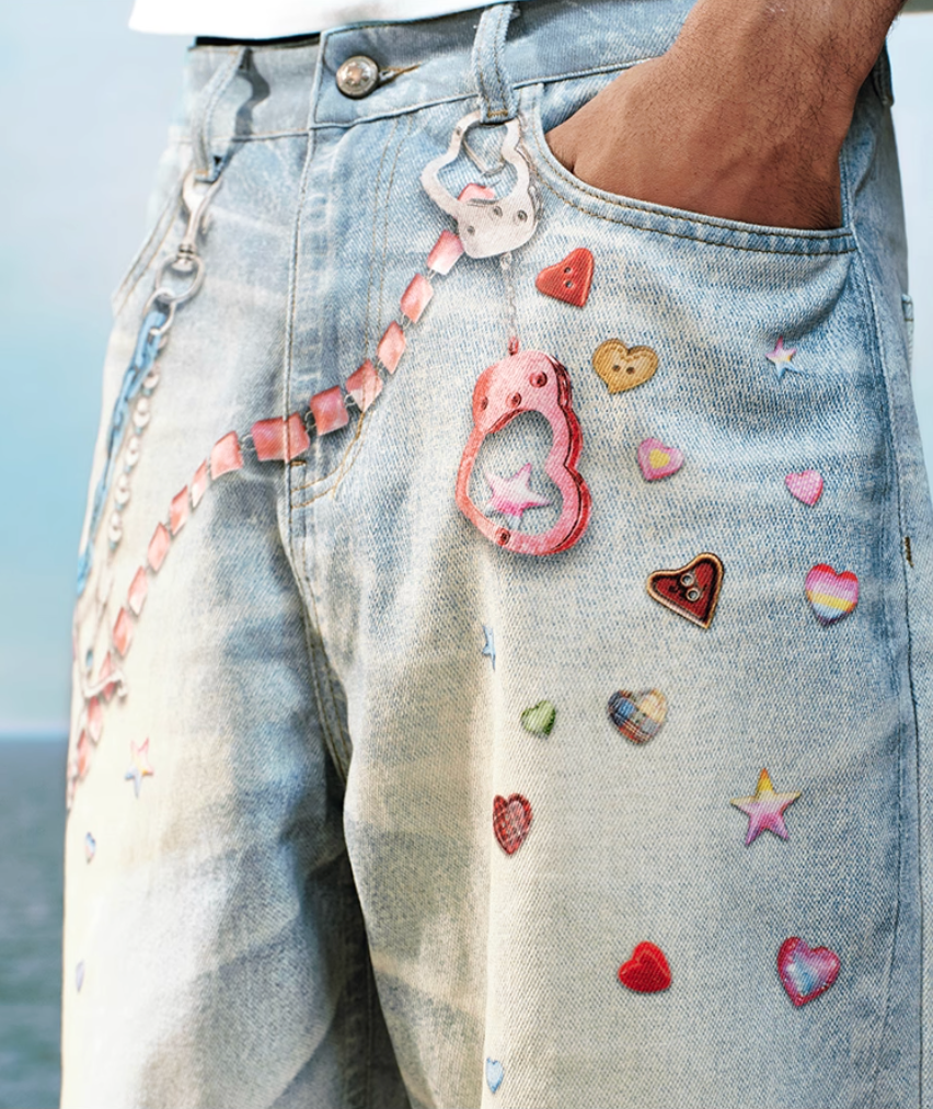 YADcrew Cute Heart Photorealistic Print Jeans