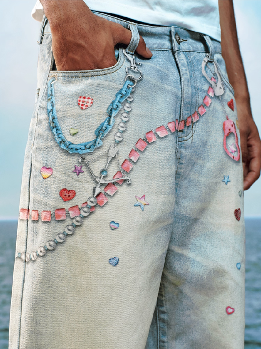 YADcrew Cute Heart Photorealistic Print Jeans