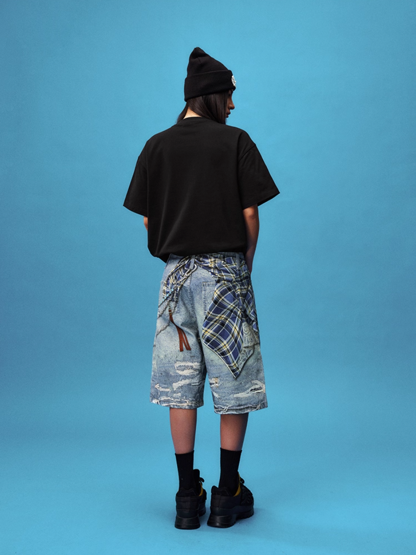 YADcrew Plaid Shirt Chain Photorealistic Print Denim Shorts