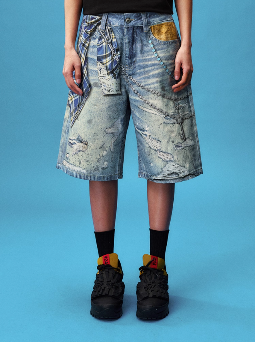 YADcrew Plaid Shirt Chain Photorealistic Print Denim Shorts