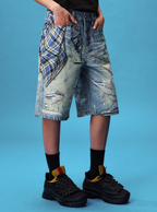 YADcrew Plaid Shirt Chain Photorealistic Print Denim Shorts