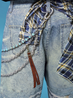 YADcrew Plaid Shirt Chain Photorealistic Print Denim Shorts