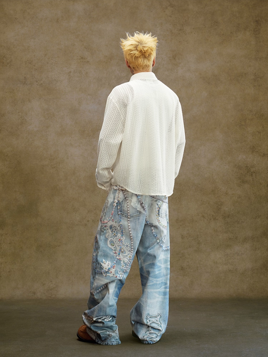 YADcrew Lace Color Bead Chain Photorealistic Print Jeans