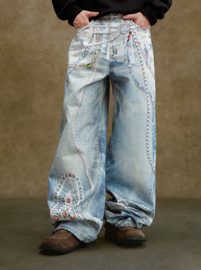 YADcrew Lace Color Bead Chain Photorealistic Print Jeans