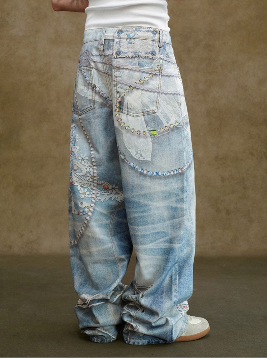 YADcrew Lace Color Bead Chain Photorealistic Print Jeans