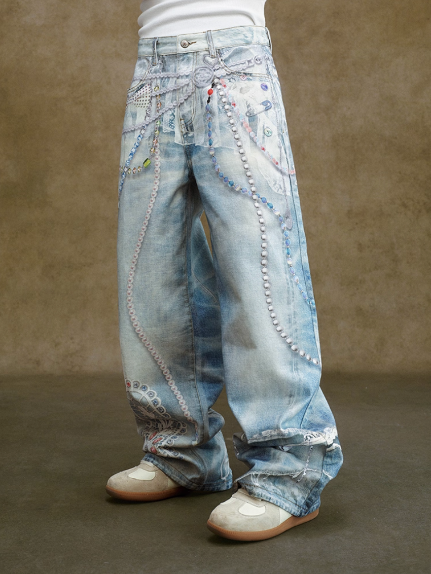 YADcrew Lace Color Bead Chain Photorealistic Print Jeans