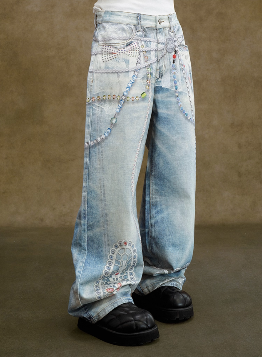 YADcrew Lace Color Bead Chain Photorealistic Print Jeans
