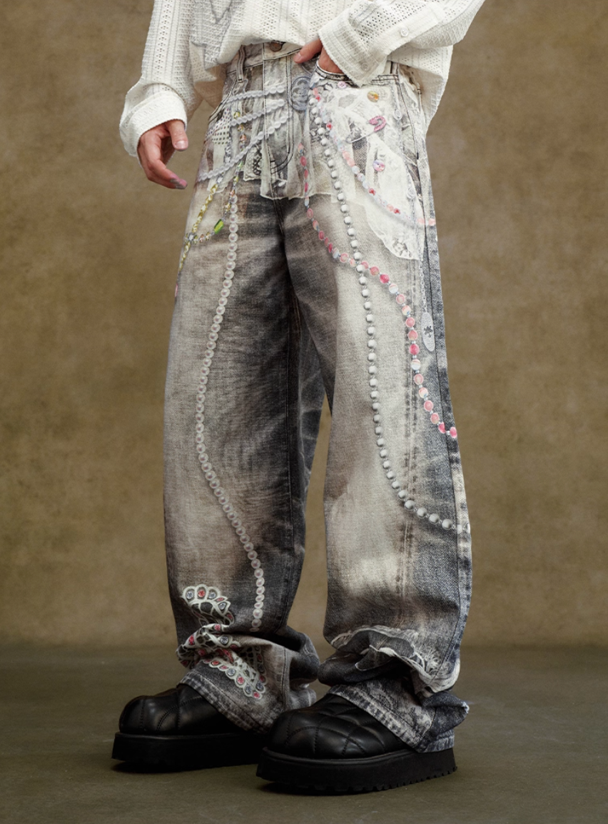 YADcrew Lace Color Bead Chain Photorealistic Print Jeans