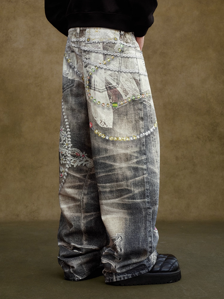 YADcrew Lace Color Bead Chain Photorealistic Print Jeans