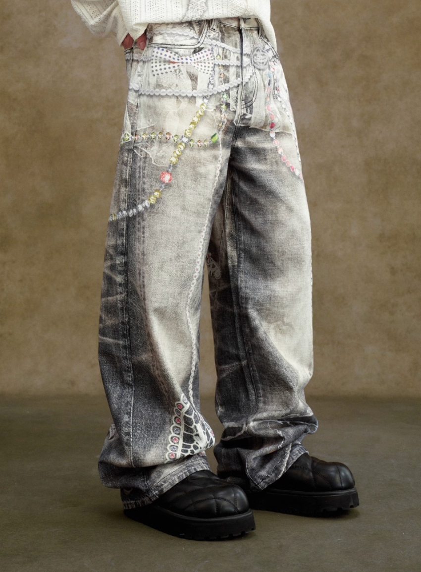 YADcrew Lace Color Bead Chain Photorealistic Print Jeans