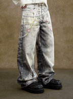 YADcrew Lace Color Bead Chain Photorealistic Print Jeans