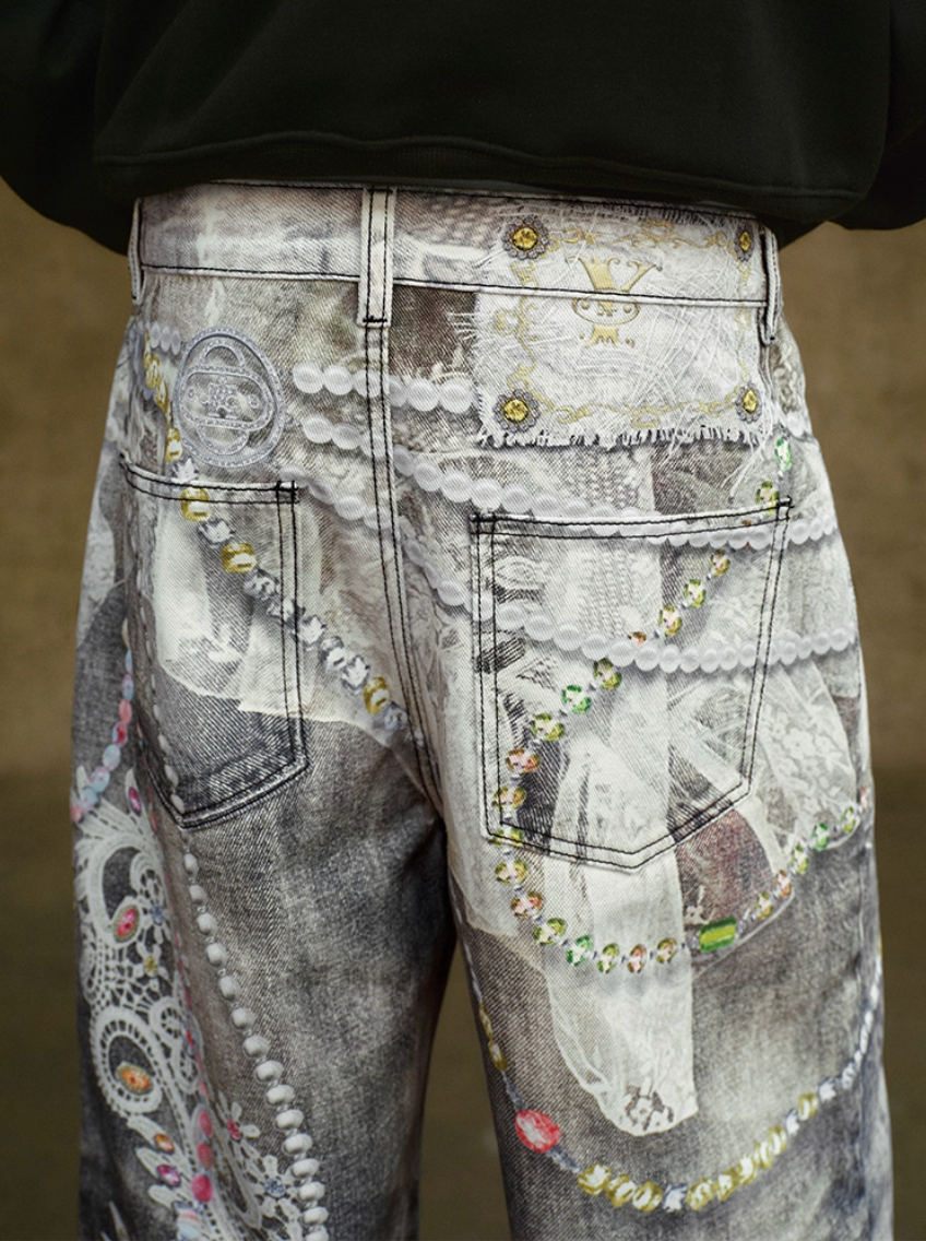 YADcrew Lace Color Bead Chain Photorealistic Print Jeans