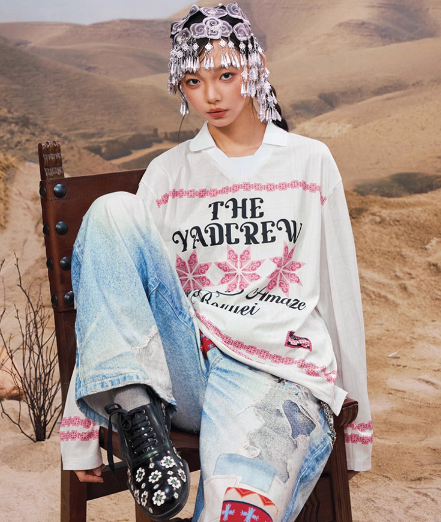 YADcrew Ethnic Pattern Long Sleeve Polo Jersey