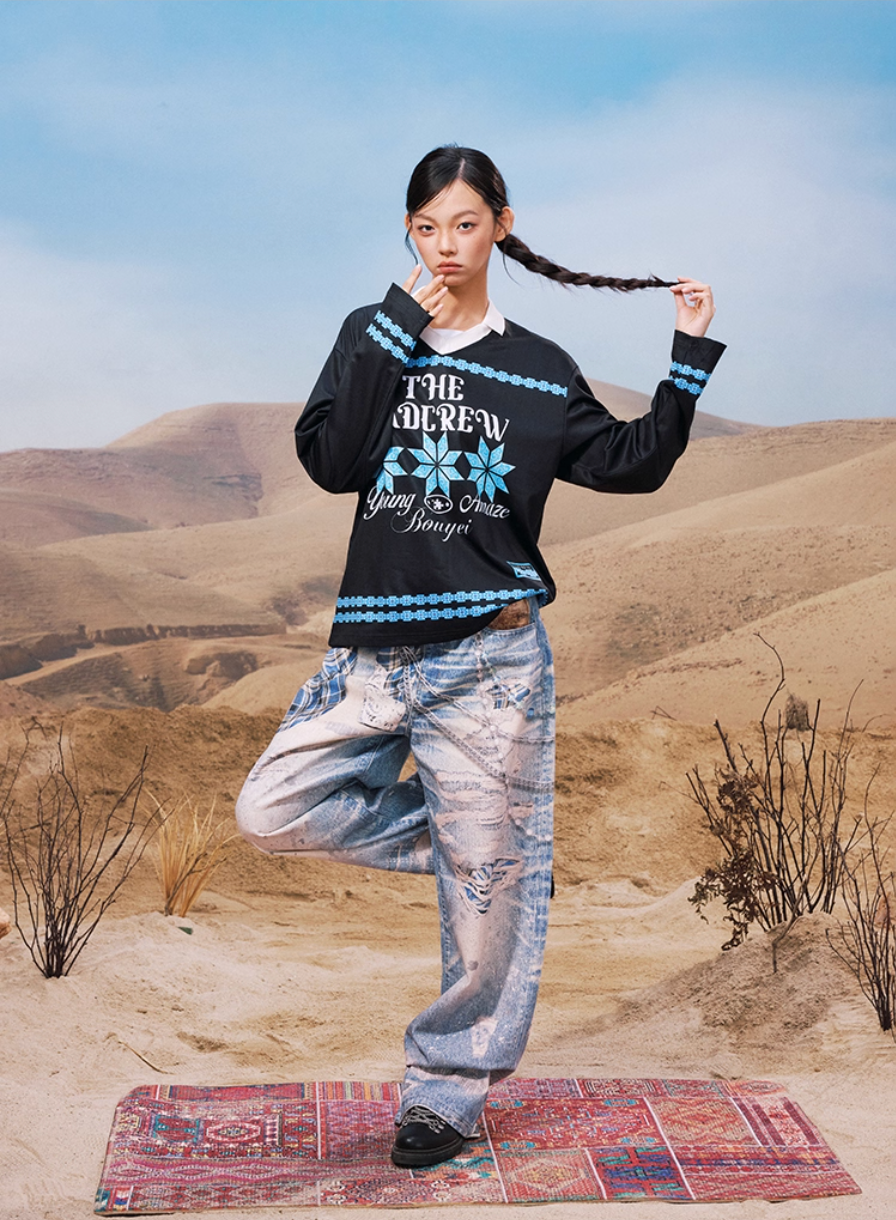 YADcrew Ethnic Pattern Long Sleeve Polo Jersey