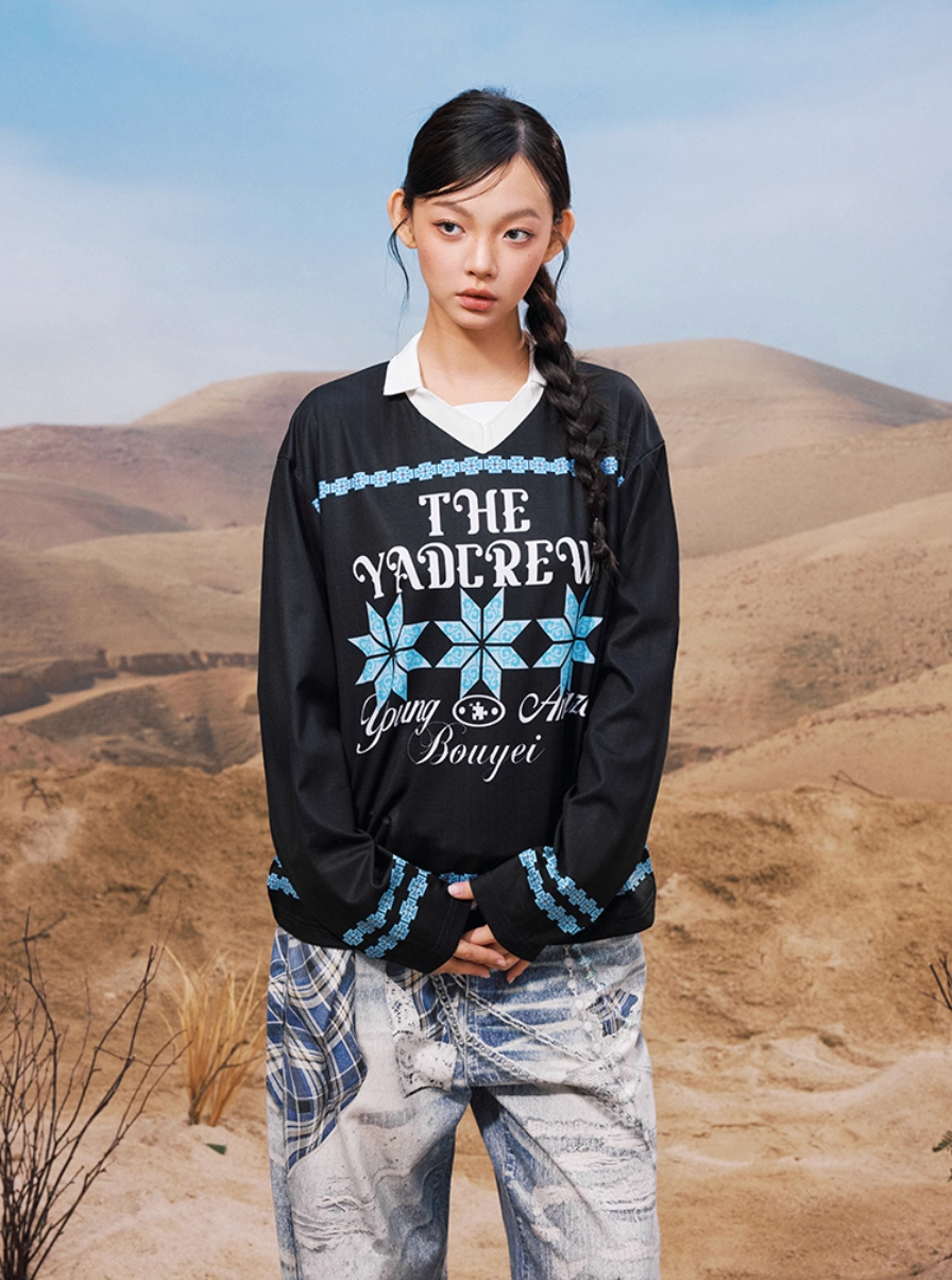 YADcrew Ethnic Pattern Long Sleeve Polo Jersey