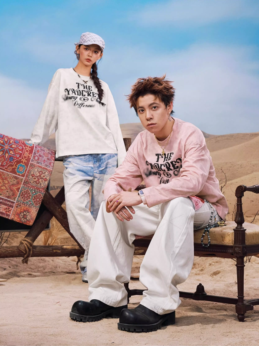 YADcrew Washed Ink Dyed Print Long Sleeve Tee