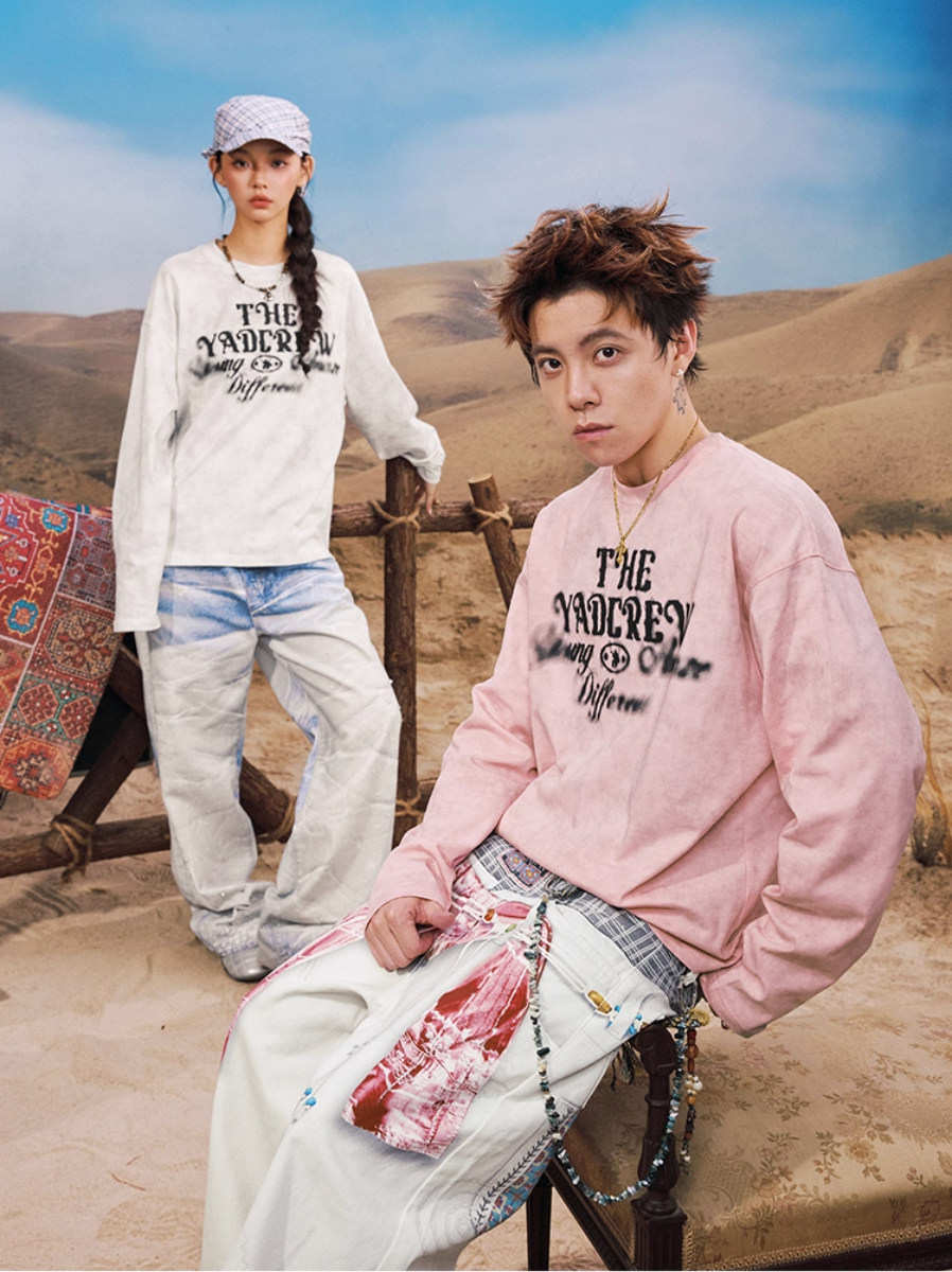 YADcrew Washed Ink Dyed Print Long Sleeve Tee