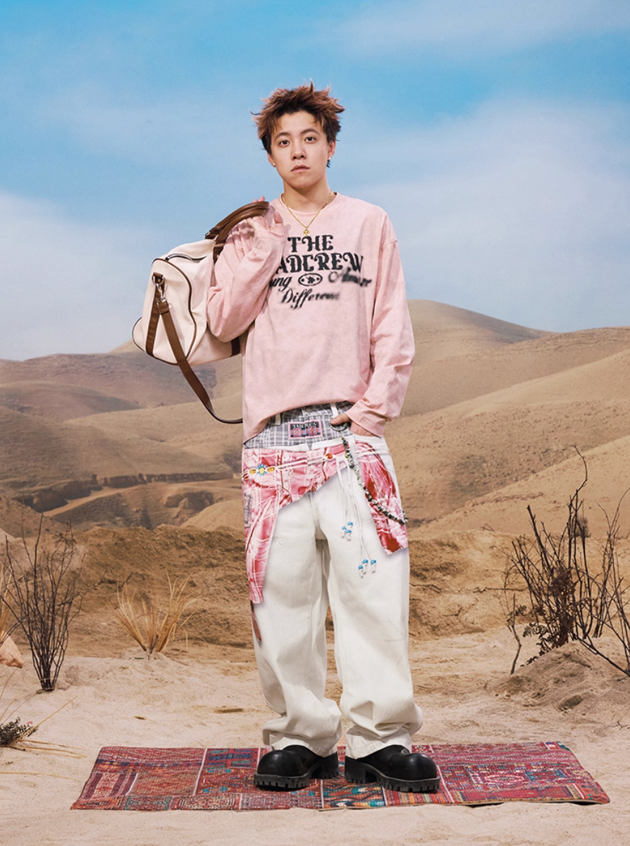 YADcrew Washed Ink Dyed Print Long Sleeve Tee
