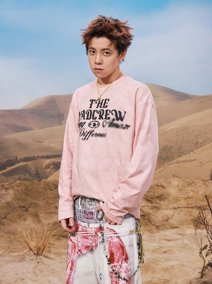YADcrew Washed Ink Dyed Print Long Sleeve Tee