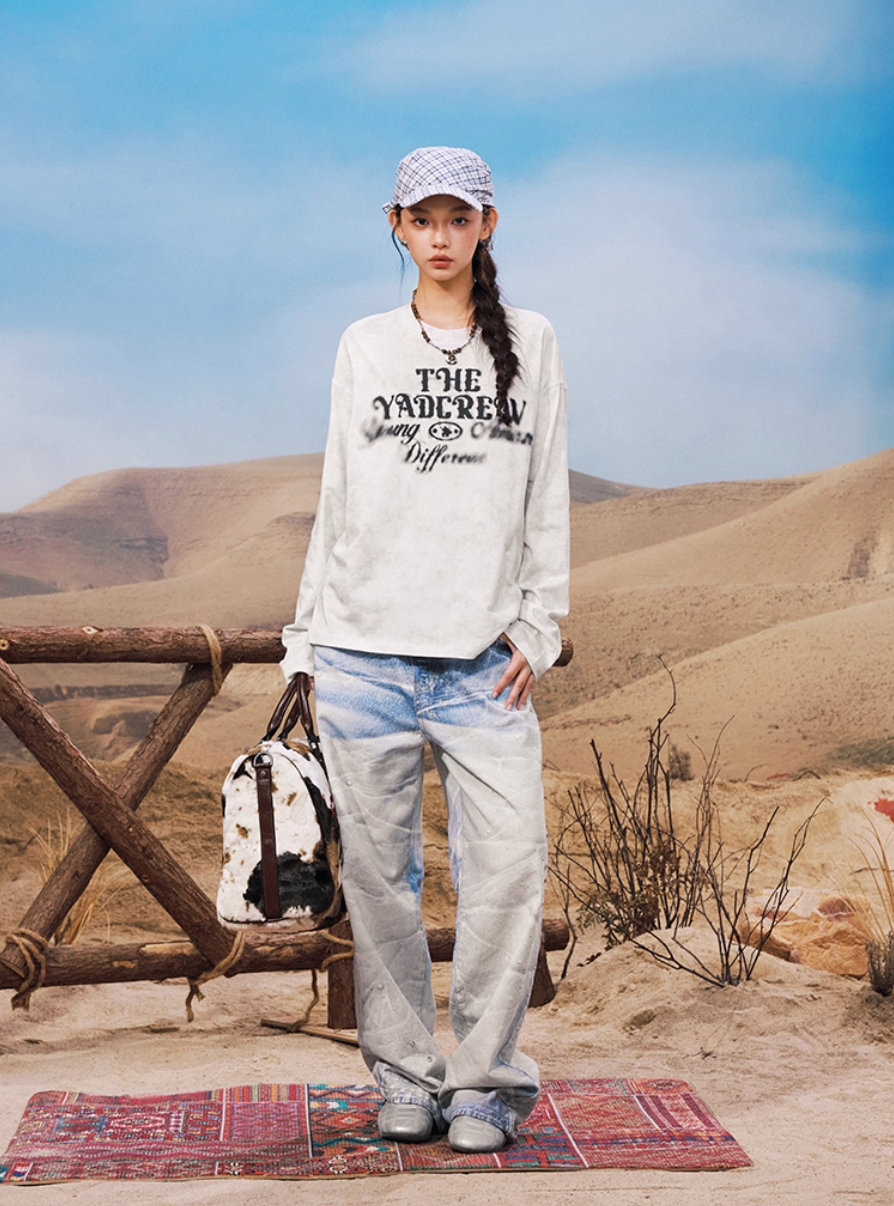 YADcrew Washed Ink Dyed Print Long Sleeve Tee
