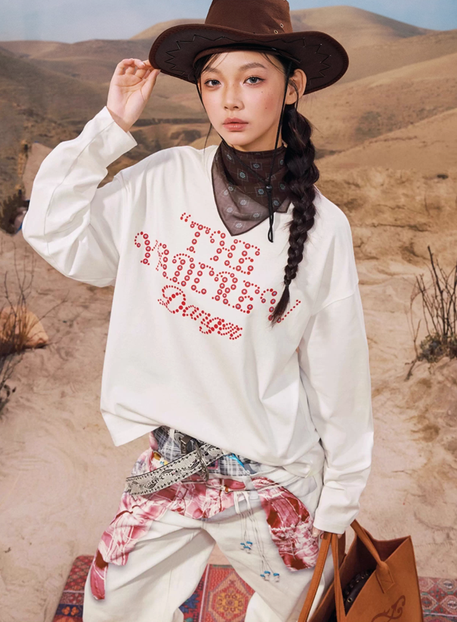 YADcrew Polka Dot Star Foam Print Long Sleeve Tee