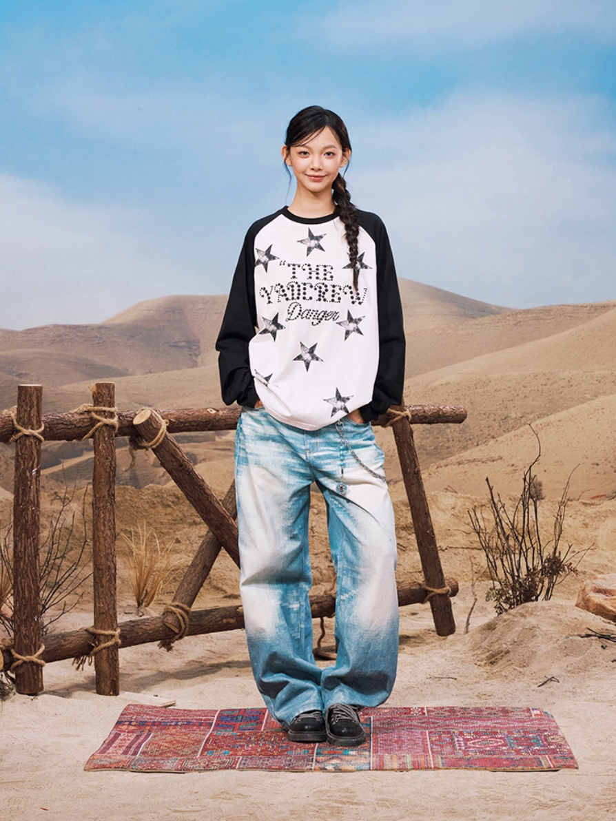 YADcrew Star Logo Print Raglan Long Sleeve Tee