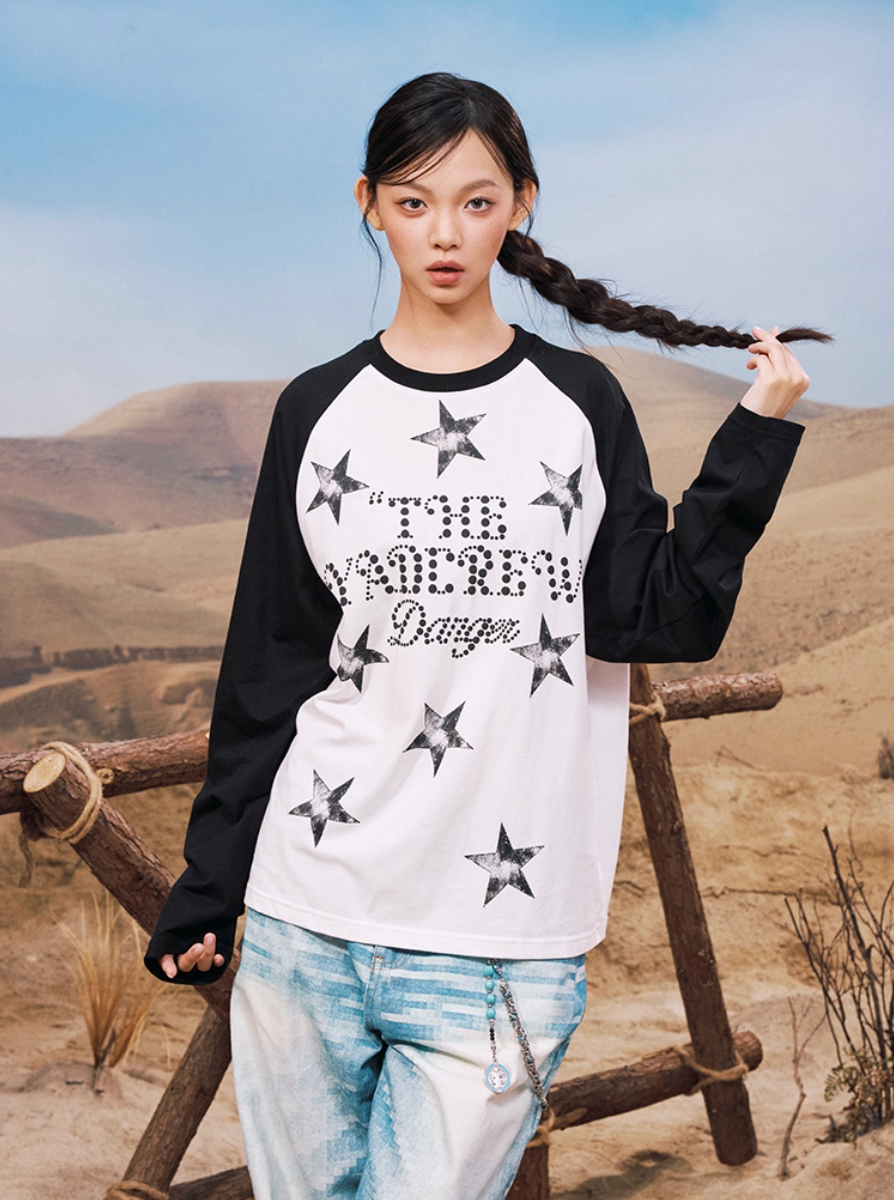 YADcrew Star Logo Print Raglan Long Sleeve Tee