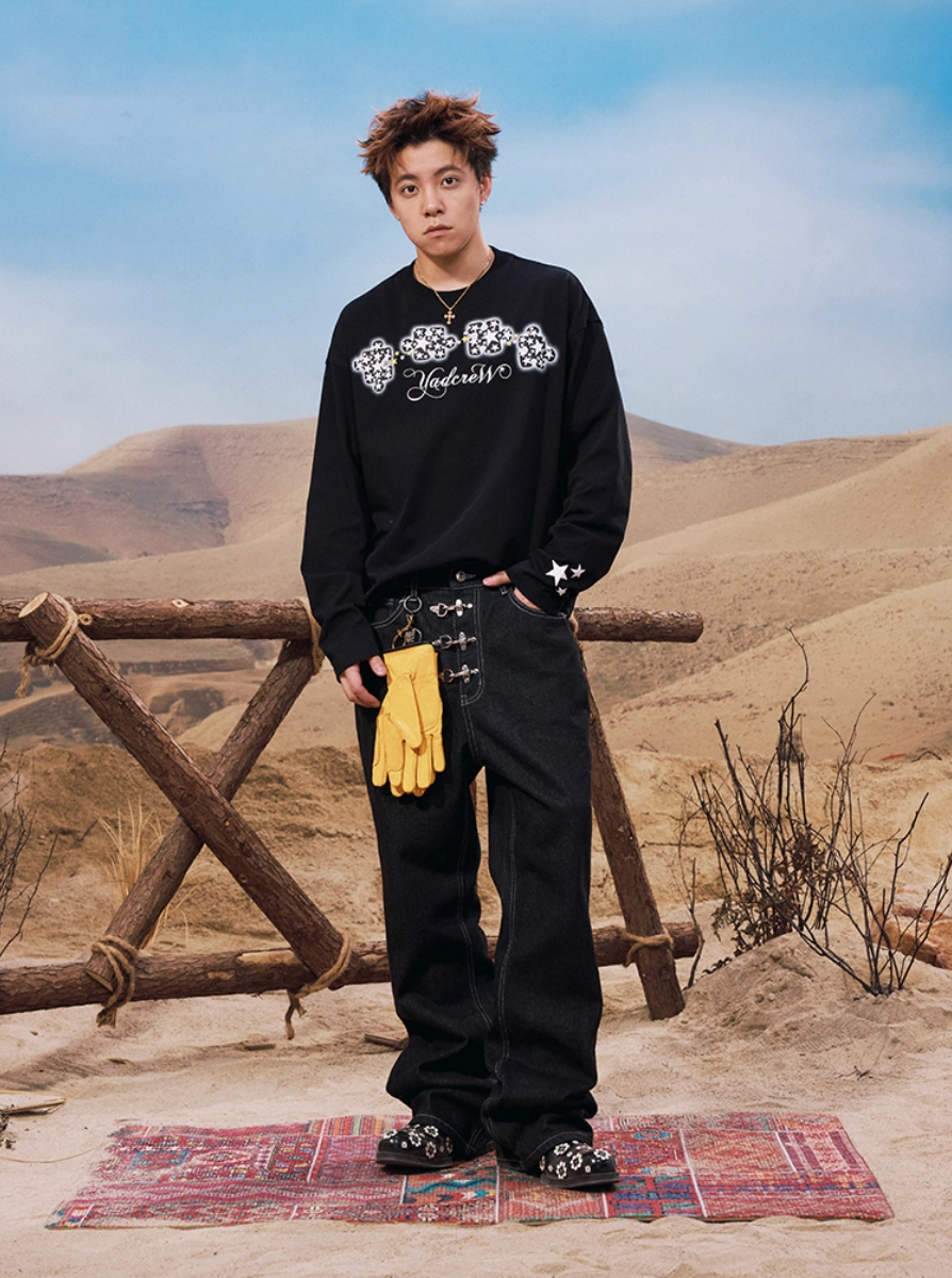 YADcrew Galaxy Star Puzzle Foam Print Long Sleeve Tee