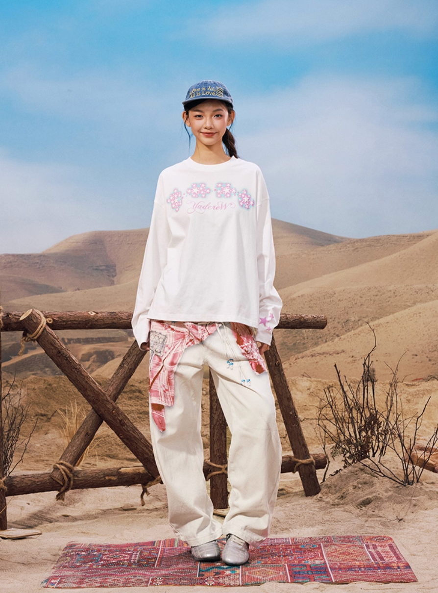 YADcrew Galaxy Star Puzzle Foam Print Long Sleeve Tee