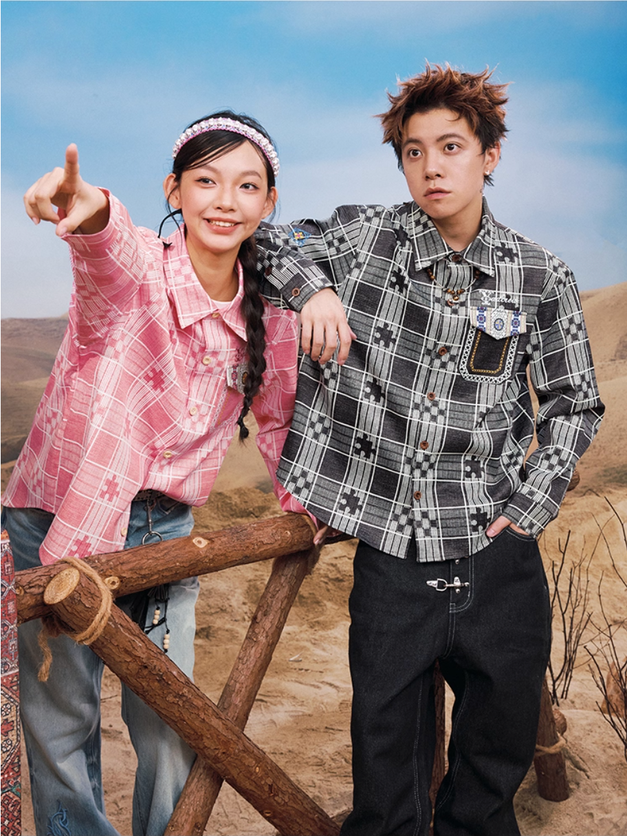 YADcrew Ethnic Pattern Plaid Long Sleeve Shirt