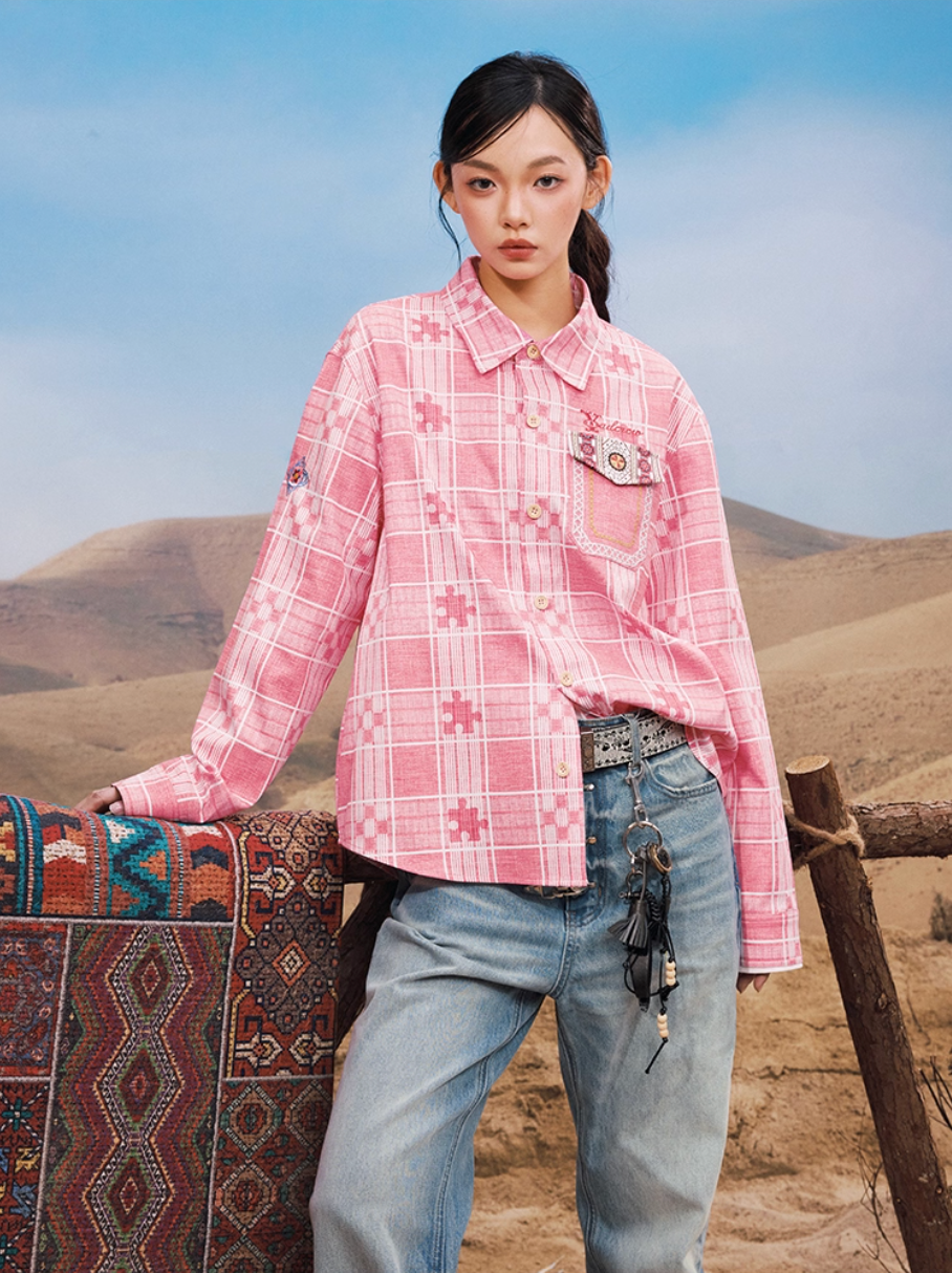 YADcrew Ethnic Pattern Plaid Long Sleeve Shirt