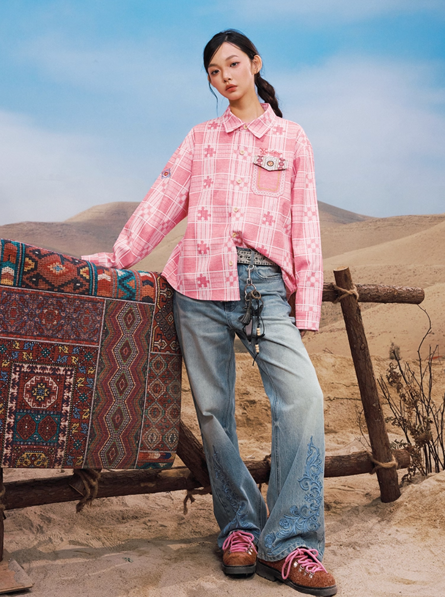 YADcrew Ethnic Pattern Plaid Long Sleeve Shirt
