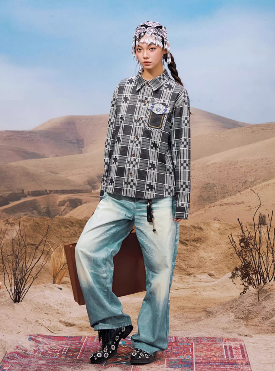 YADcrew Ethnic Pattern Plaid Long Sleeve Shirt